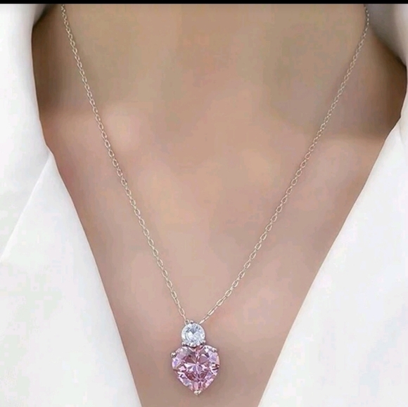 Pink Cubic Zirconia Heart Drop Set Pendant Silver Necklace Earrings - Picture 5 of 7